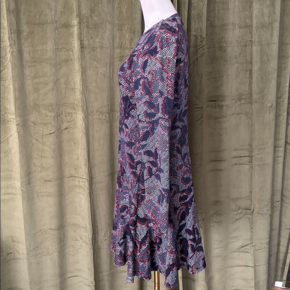 Tory Burch Long-Sleeve Floral Fit-and-Flare Dress in Burgundy and Gray, S - Picture 6 of 8